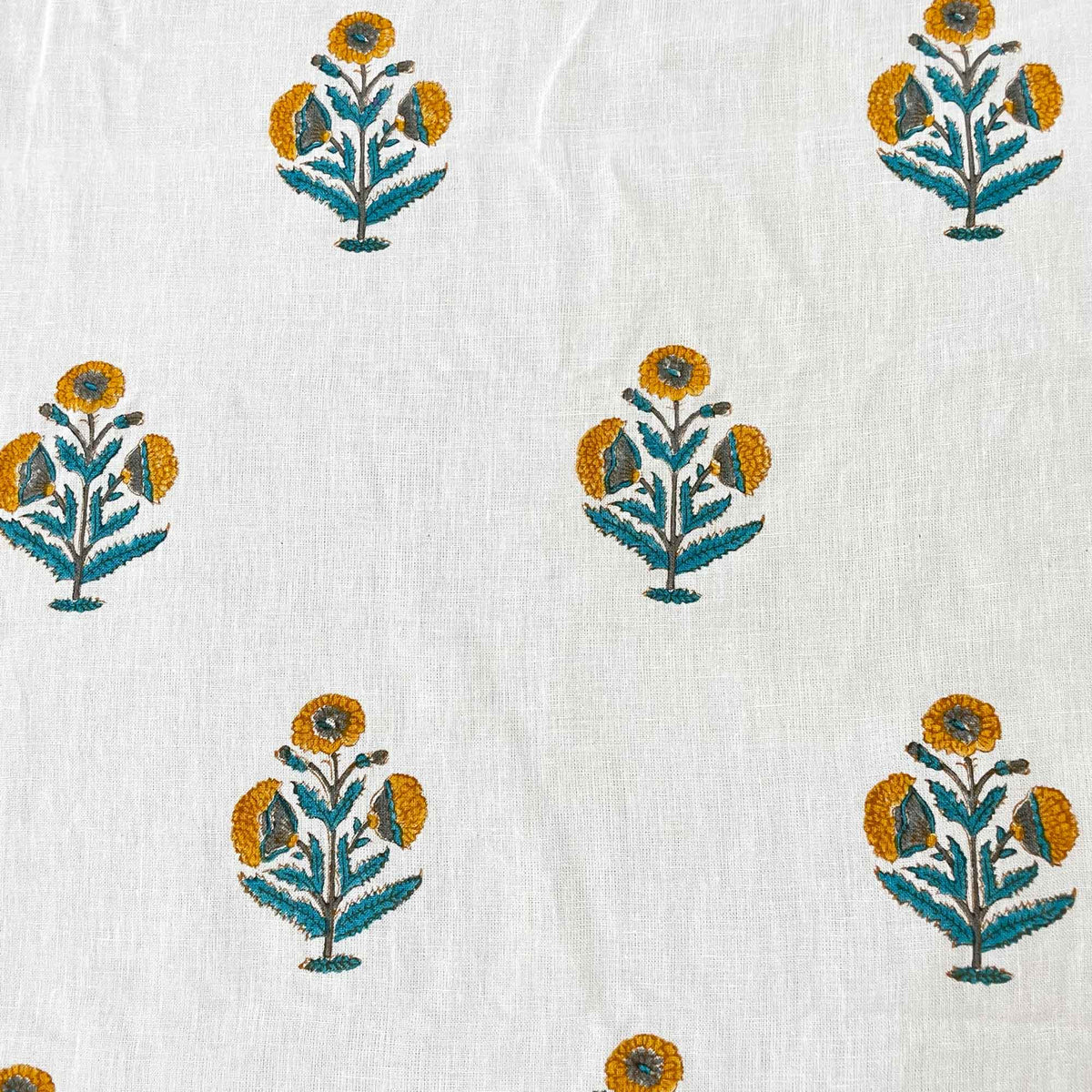 Poppy Floral Block Print Linen Fabric in Mustard and Teal – DesiCrafts