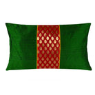 Emerald Green and Red Raw Silk Ikat Lumbar Pillow Cover