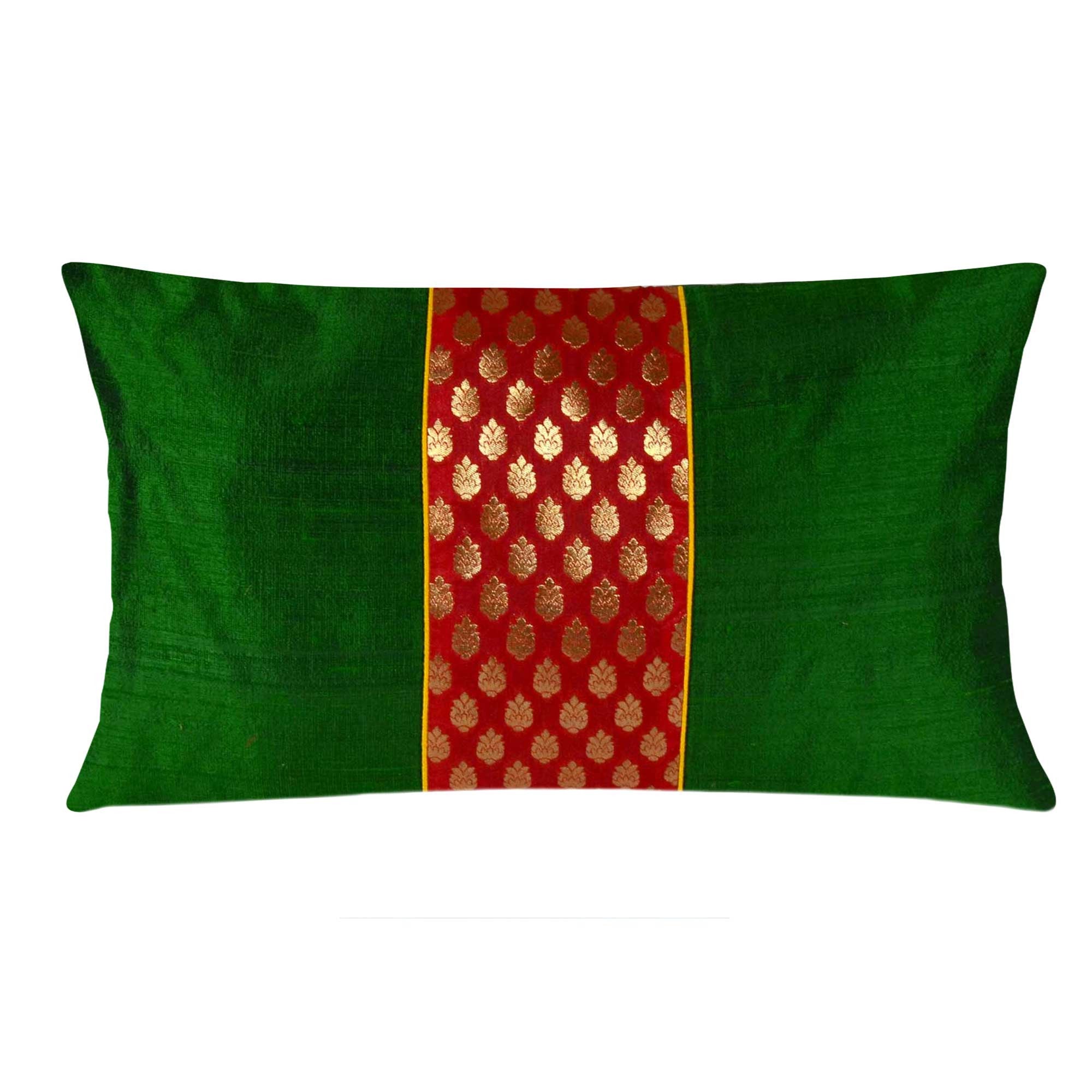 Emerald Green and Red Raw Silk Ikat Lumbar Pillow Cover