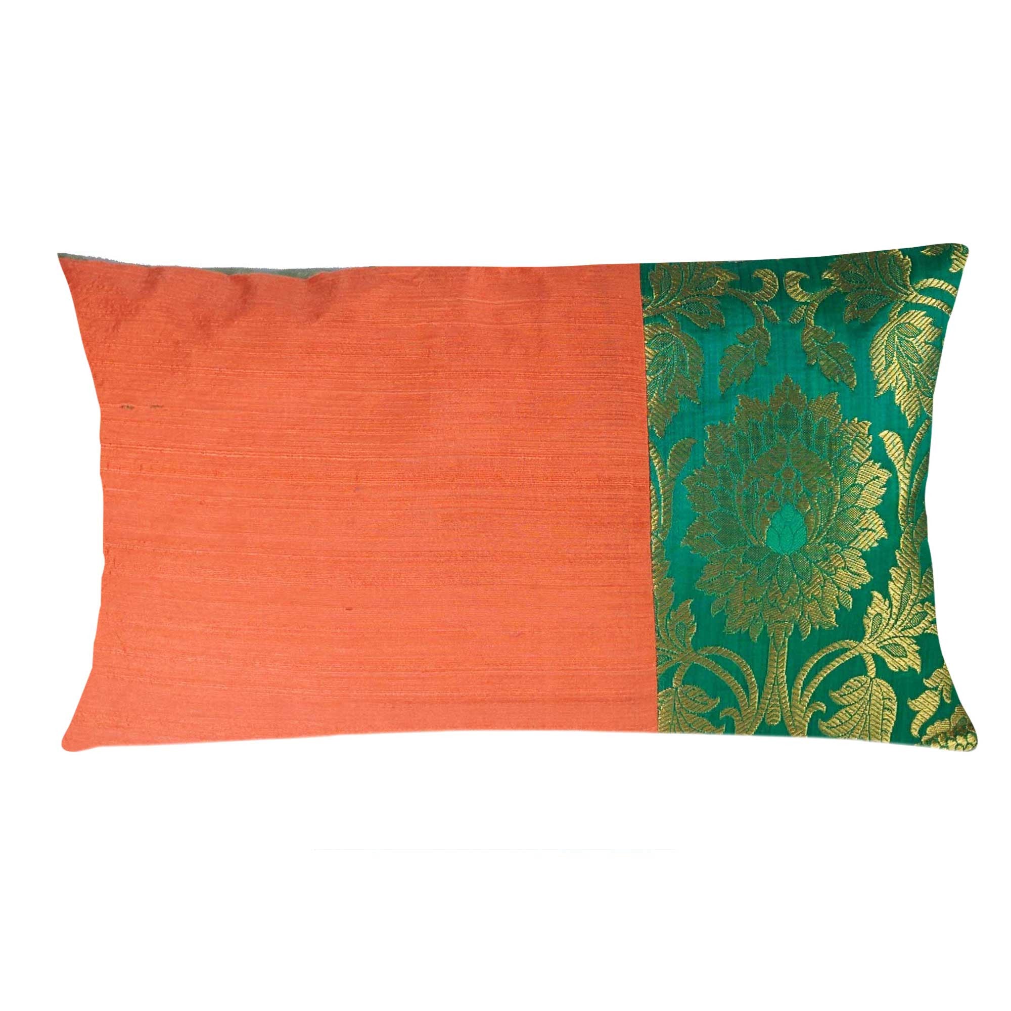 Coral and SeaGreen Raw Silk Lumber Pillow Cover Buy Online From DesiCrafts