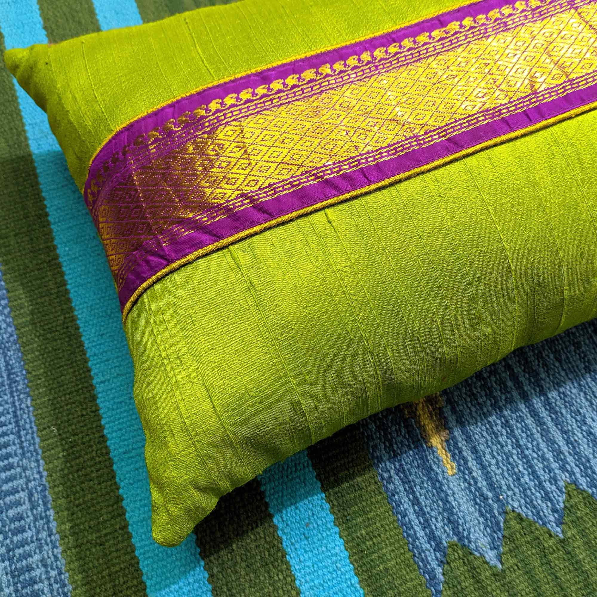 Sari Border Raw Silk Lumbar Cushion Cover