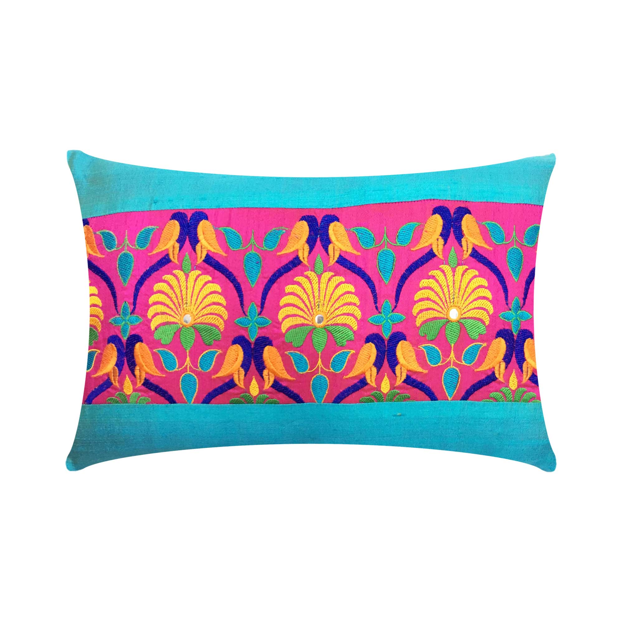 Teal Kutch Embroidery Dupioni Silk Throw Pillow Cover