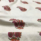 Off and White Fuschia Paisley Block Printed Cotton Fabric