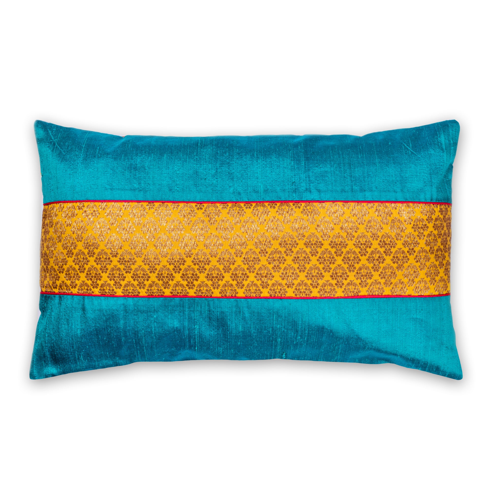 Teal and Mustard Raw Silk Pillow Cover
