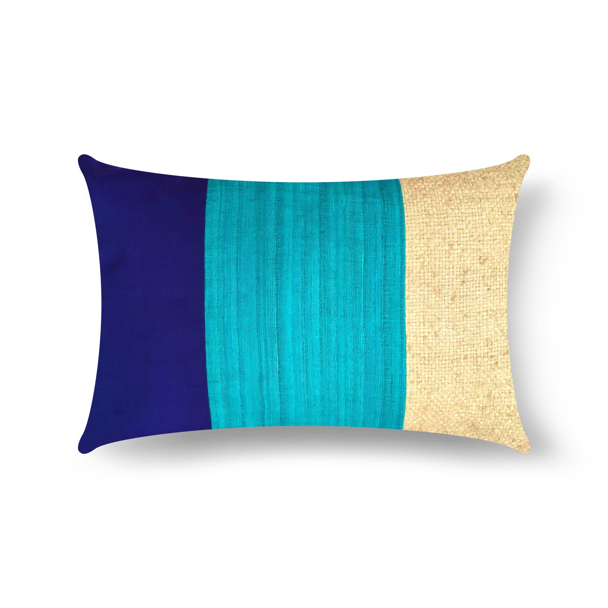 Navy and Teal Raw Silk Lumbar Pillow Cover