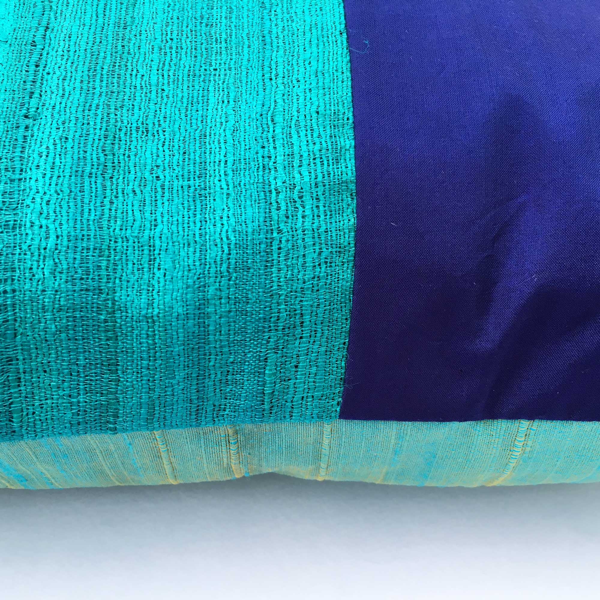 Navy and Teal Raw Silk Lumbar Pillow Cover